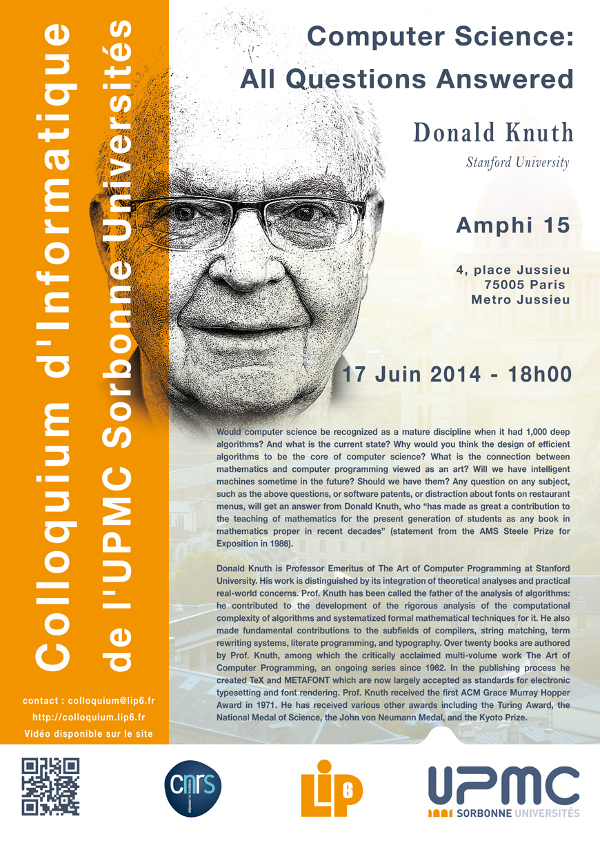 affiche du Colloquium AQA de Donald Knuth à Paris le 17 juin 2014