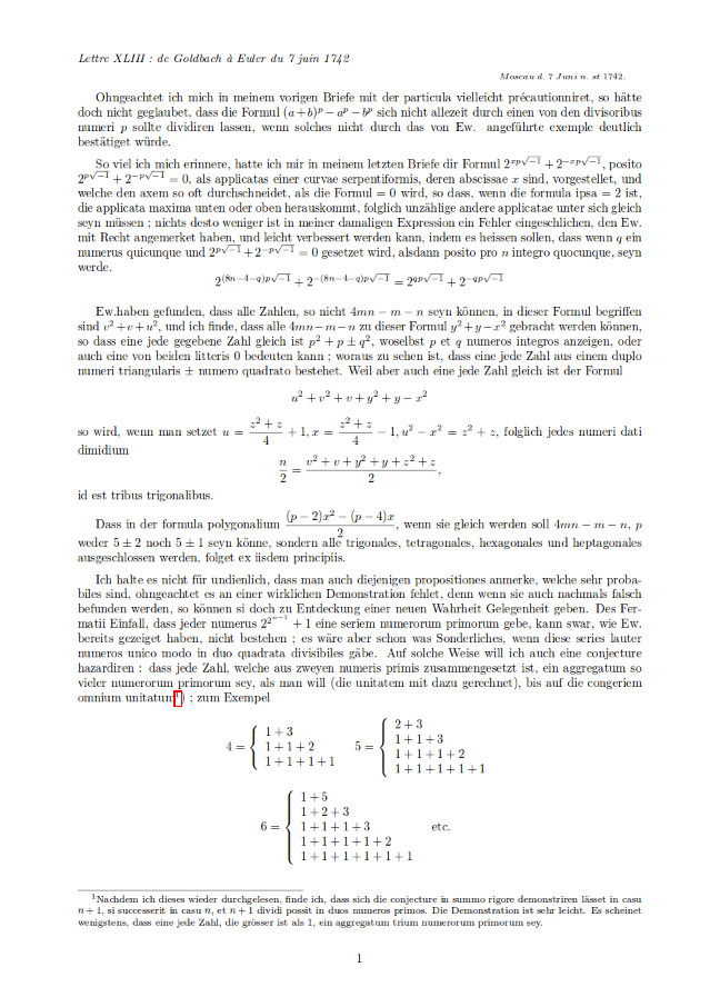fameuse lettre de Goldbach à Euler transcrite en Latex image1
